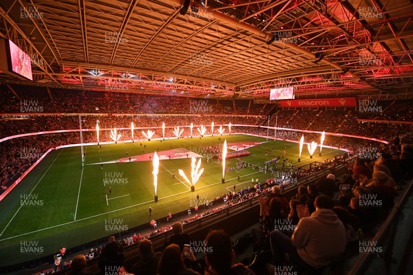 151125 - Wales v Japan - Quilter Nations Series - The Principality stadium lit up with flames ahead of the match