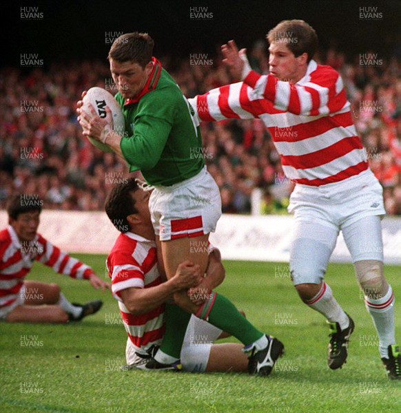 161093 - Wales v Japan - Scott Gibbs of Wales is pulled down short of the line by Tsutomu Matsuda of Japan