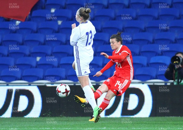241117 Wales v Kazakhstan - FIFA Women's World Cup Qualifier -   Hayley Ladd of Wales takes on Svetlana Bortnikova of Kazakhstan