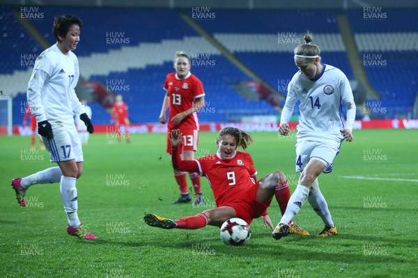 241117 Wales v Kazakhstan - FIFA Women's World Cup Qualifier -   Kayleigh Green of Wales is fouled by Karina Zhumabaikyzy(17) of Kazakhstan