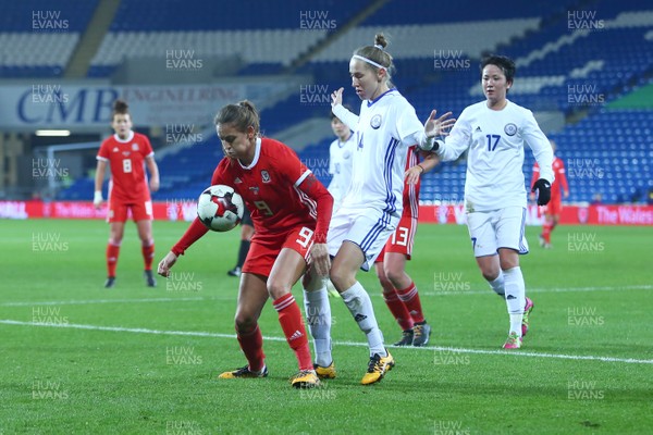 241117 Wales v Kazakhstan - FIFA Women's World Cup Qualifier -   Kayleigh Green of Wales protects the ball from Yekaterina Babshuk of Kazakhstan