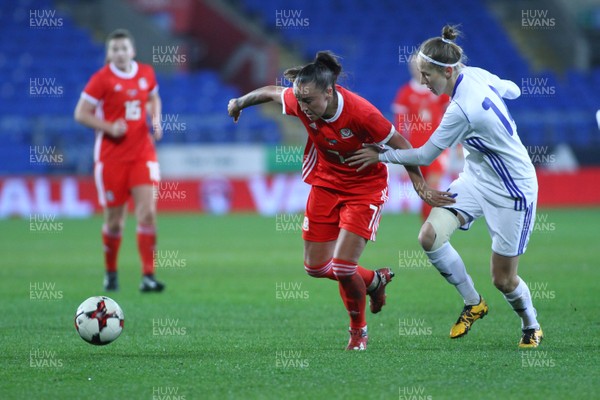 241117 Wales v Kazakhstan - FIFA Women's World Cup Qualifier -   Natasha Harding of Wales takes on Yekaterina Babshuk of Kazakhstan