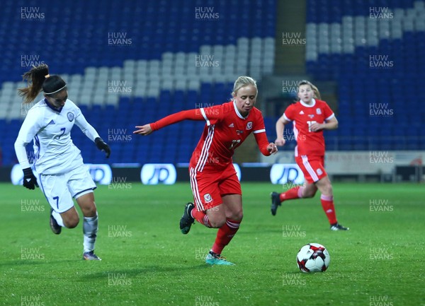 241117 Wales v Kazakhstan - FIFA Women's World Cup Qualifier -   Nadia Lawrence of Wales takes on Shokhista Khojasheva of Kazakhstan
