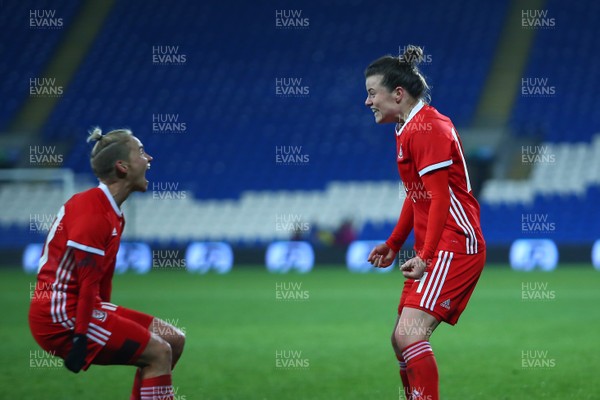 241117 Wales v Kazakhstan - FIFA Women's World Cup Qualifier -   Hayley Ladd(R) of Wales celebrates her goal with Jessica Fishlock 