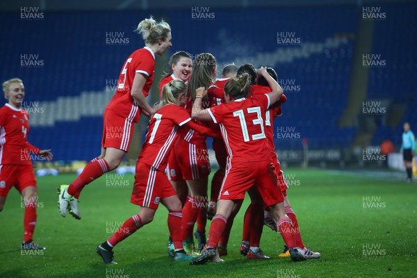 241117 Wales v Kazakhstan - FIFA Women's World Cup Qualifier -   Hayley Ladd of Wales celebrates her goal with team mates