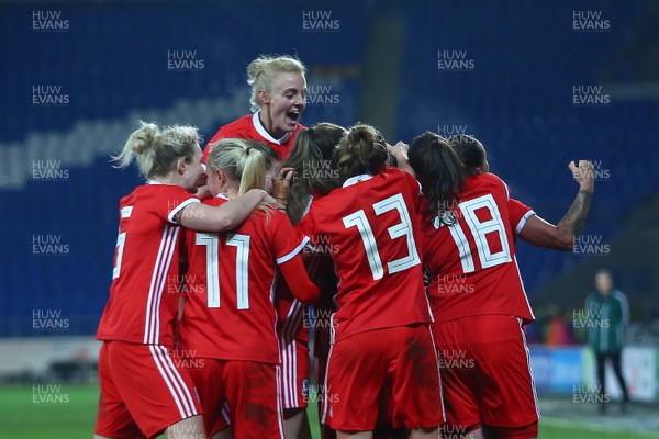 241117 Wales v Kazakhstan - FIFA Women's World Cup Qualifier -   Hayley Ladd of Wales celebrates her goal with team mates