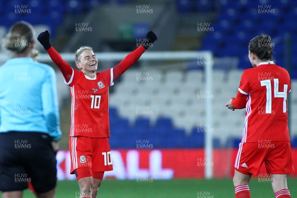 241117 Wales v Kazakhstan - FIFA Women's World Cup Qualifier -   Jessica Fishlock(L) and Hayley Ladd of Wales celebrate at full time