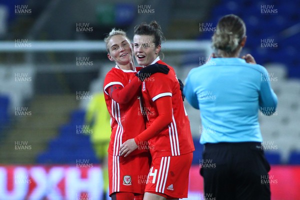 241117 Wales v Kazakhstan - FIFA Women's World Cup Qualifier -   Jessica Fishlock(L) and Hayley Ladd of Wales celebrate at full time