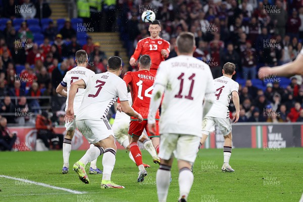 280323 - Wales v Latvia - European Championship Qualifier - Group D - Kieffer Moore of Wales scores a goal