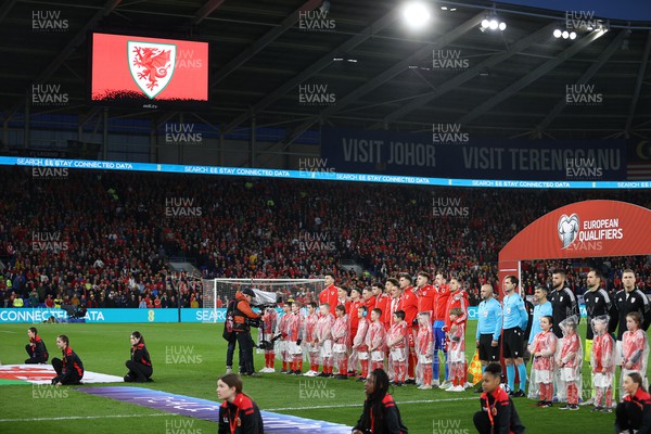 280323 - Wales v Latvia - European Championship Qualifier - Group D - Wales sings the anthem