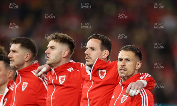 280323 - Wales v Latvia - European Championship Qualifier - Group D - Aaron Ramsey of Wales sings the anthem