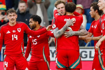 060625 - Wales v Liechtenstein - 2026 FIFA World Cup Qualifying - Joe Rodon of Wales celebrates after scoring