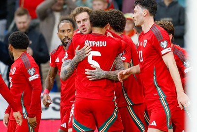 060625 - Wales v Liechtenstein - 2026 FIFA World Cup Qualifying - Joe Rodon of Wales celebrates after scoring