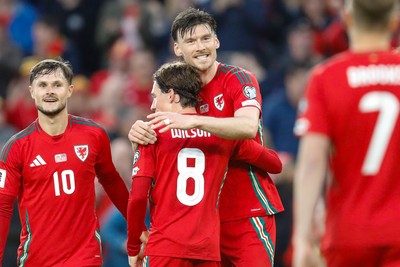 060625 - Wales v Liechtenstein - 2026 FIFA World Cup Qualifying - Kieffer Moore of Wales celebrates after scoring 