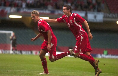 11.10.08 ... Wales v Liechtenstein, World Cup Qualifying Match Group 4, Millennium Stadium, Cardiff - Wales' David Edwards celebrates his goal with Wales' Chris Gunter    