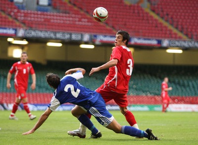 11.10.08 ... Wales v Liechtenstein, World Cup Qualifying Match Group 4, Millennium Stadium, Cardiff - Wales' Gareth Bale is challenged by Liechtenstein's Marco Ritzberger   