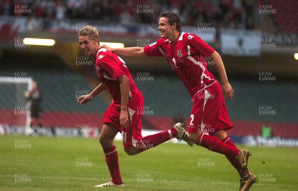 11.10.08 ... Wales v Liechtenstein, World Cup Qualifying Match Group 4, Millennium Stadium, Cardiff - Wales' David Edwards celebrates his goal with Wales' Chris Gunter    