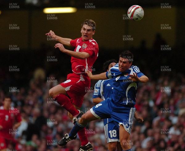 11.10.08 ... Wales v Liechtenstein, World Cup Qualifying Match Group 4, Millennium Stadium, Cardiff - Wales' Sam Vokes  climbs above Liechtenstein's Fabio D'Elia  to head at goal 