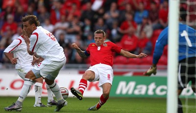 11.08.10 .. Wales v Luxembourg, .Friendly International, Llanelli -  Wales' Craig Bellemy fails to get a clean shot at goal 