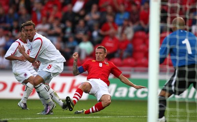 11.08.10 .. Wales v Luxembourg, .Friendly International, Llanelli -  Wales' Craig Bellemy fails to get a clean shot at goal 