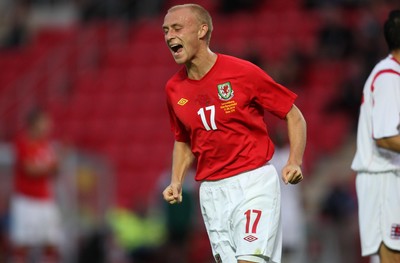 11.08.10 .. Wales v Luxembourg, .Friendly International, Llanelli -  Wales' David Cotterill celebrates after scoring goal 