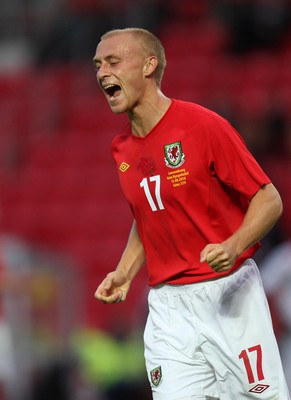 11.08.10 .. Wales v Luxembourg, .Friendly International, Llanelli -  Wales' David Cotterill celebrates after scoring goal 