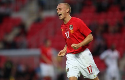 11.08.10 .. Wales v Luxembourg, .Friendly International, Llanelli -  Wales' David Cotterill celebrates after scoring goal 