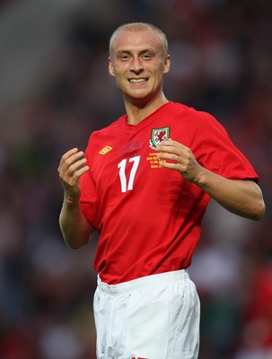 11.08.10 .. Wales v Luxembourg, .Friendly International, Llanelli -  Wales' David Cotterill celebrates after scoring goal 
