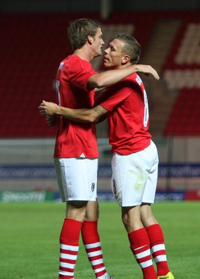 11.08.10 .. Wales v Luxembourg, .Friendly International, Llanelli -  Wales' Andy King celebrates with Craig Bellemy after scoring goal 