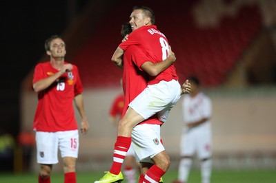 11.08.10 .. Wales v Luxembourg, .Friendly International, Llanelli -  Wales' Craig Bellemy celebrates after scoring Wales' fifth goal 