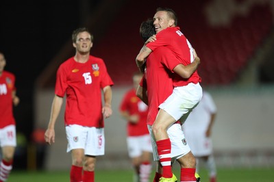 11.08.10 .. Wales v Luxembourg, .Friendly International, Llanelli -  Wales' Craig Bellemy celebrates after scoring Wales' fifth goal 