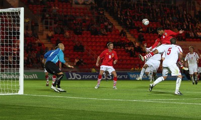 11.08.10 .. Wales v Luxembourg, .Friendly International, Llanelli -  Wales' Ashley Williams heads home to score Wales' fourth goal 