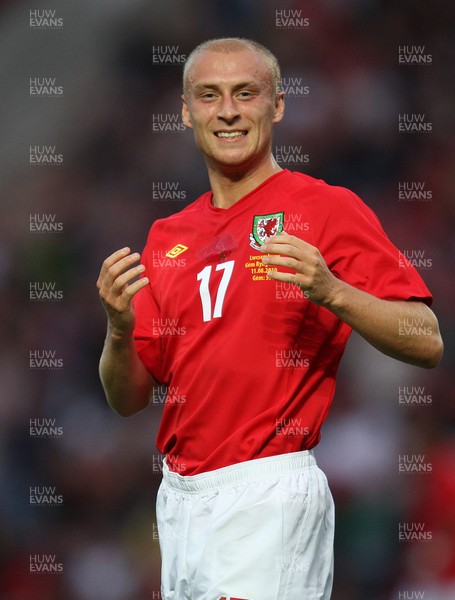 11.08.10 .. Wales v Luxembourg, .Friendly International, Llanelli -  Wales' David Cotterill celebrates after scoring goal 