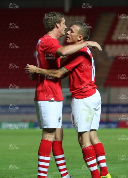 11.08.10 .. Wales v Luxembourg, .Friendly International, Llanelli -  Wales' Andy King celebrates with Craig Bellemy after scoring goal 