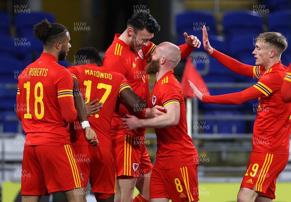 270321 - Wales v Mexico - International Friendly -  Kieffer Moore of Wales celebrates scoring goal with team mates