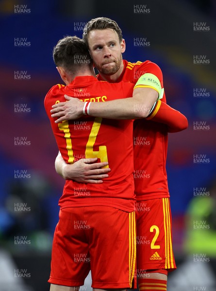 270321 - Wales v Mexico - International Friendly -  Chris Gunter and Connor Roberts of Wales at the end of the game