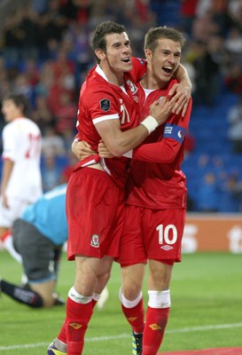 02.09.11 - Wales v Montenegro, Euro 2012 Qualifying -  Wales' Aaron Ramsey celebrates with Gareth Bale after scoring Wales' second goal  