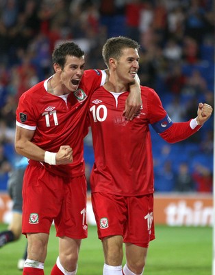 02.09.11 - Wales v Montenegro, Euro 2012 Qualifying -  Wales' Aaron Ramsey celebrates with Gareth Bale after scoring Wales' second goal  