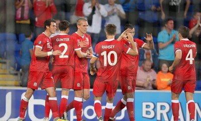 02.09.11 - Wales v Montenegro, Euro 2012 Qualifying -  Wales' Steve Morison is congratulated by teammates after scoring Wales' first goal      