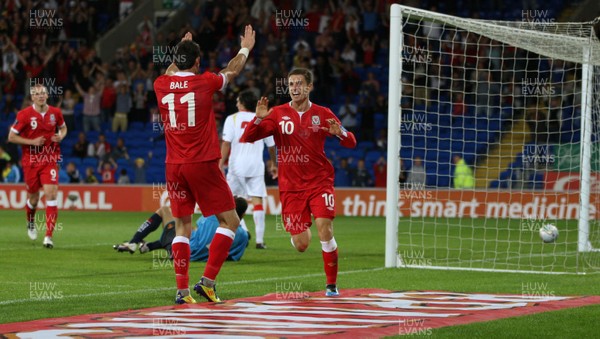 02.09.11 - Wales v Montenegro, Euro 2012 Qualifying -  Wales' Aaron Ramsey celebrates with Gareth Bale after scoring Wales' second goal  