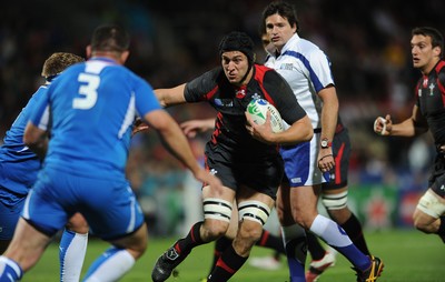 26.09.11 - Wales v Namibia - Rugby World Cup 2011 - Ryan Jones of Wales takes on Jane Du Toit of Namibia. 