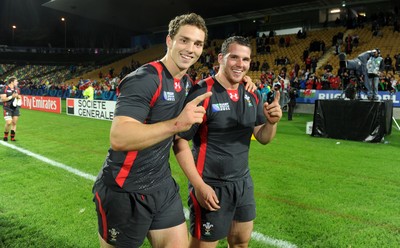 26.09.11 - Wales v Namibia - Rugby World Cup 2011 - George North and Ryan Bevington of Wales celebrate at the end of the game. 