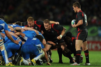 26.09.11 - Wales v Namibia - Rugby World Cup 2011 - Lloyd Burns, Gethin Jenkins, Ryan Jones and Tavis Knoyle of Wales prepare for scrummage. 