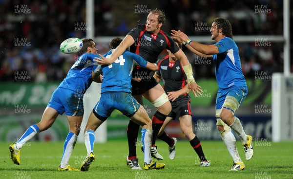 26.09.11 - Wales v Namibia - Rugby World Cup 2011 - Alun Wyn Jones of Wales is tackled by Danie Van Wyk of Namibia. 