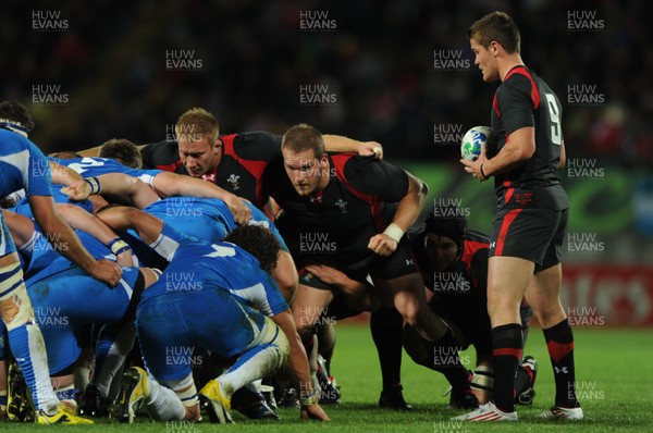 26.09.11 - Wales v Namibia - Rugby World Cup 2011 - Lloyd Burns, Gethin Jenkins, Ryan Jones and Tavis Knoyle of Wales prepare for scrummage. 