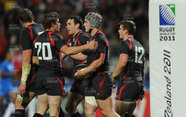 26.09.11 - Wales v Namibia - Rugby World Cup 2011 - Jonathan Davies of Wales celebrates his try with team mates. 
