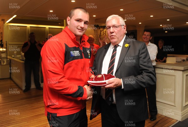 26.09.11 - Wales v Namibia - Rugby World Cup 2011 - Ken Owens of Wales is presented with his first Welsh cap by WRU President Dennis Gethin. 