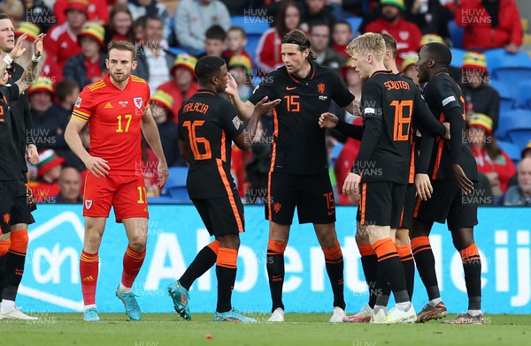 080622 - Wales v Netherlands, UEFA Nations League - Teun Koopmeiners of Netherlands celebrates scoring a goal with team mates