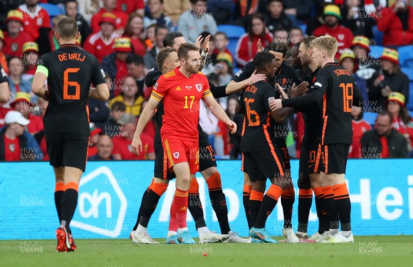 080622 - Wales v Netherlands, UEFA Nations League - Teun Koopmeiners of Netherlands celebrates scoring a goal with team mates