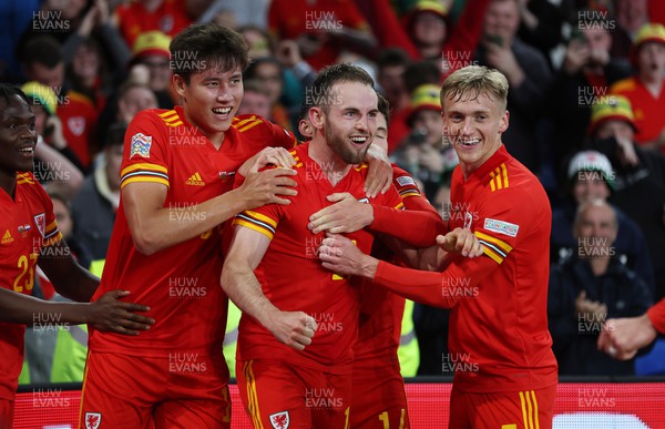 080622 - Wales v Netherlands, UEFA Nations League - Rhys Norrington-Davies of Wales celebrates scoring a goal with team mates